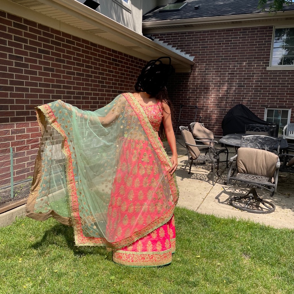 Coral pink and light green Lengha